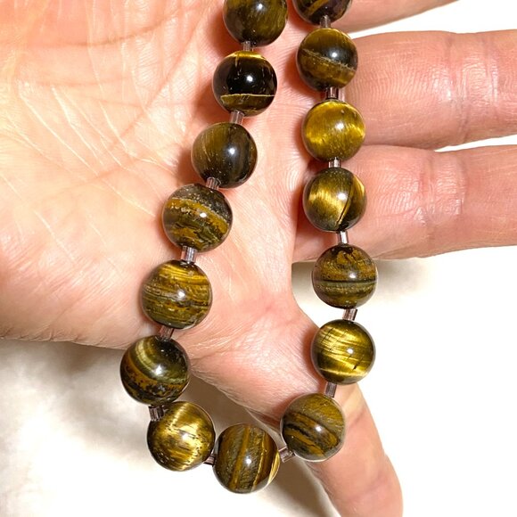 Nature Yellow Brown Tiger's Eye Necklace, Large Genuine Gemstone Beaded Necklace - Picture 9 of 9
